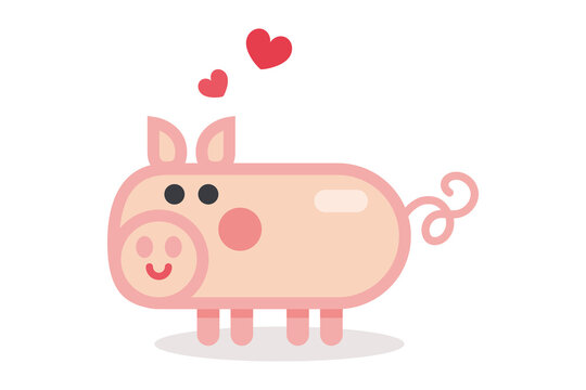 Illustration vecteur d'un petit cochon rose amoureux, des c&oelig;urs rouges flottent au-dessus de sa t&ecirc;te, dessin mignon g&eacute;om&eacute;trique