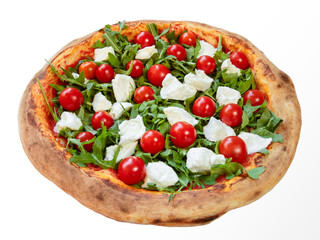 Bufala mozzarella cheese and fresh cherry tomatoes oven baked italian pizza on isolated white background