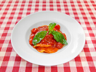 Ravioli pasta plate with fresh tomato sauce and basil on squared tablecloth