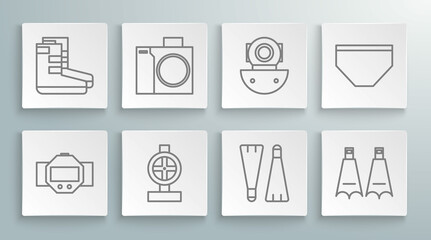 Set line Diving watch, Photo camera for diver, Industry metallic pipes and valve, Rubber flippers swimming, Aqualung, Swimming trunks and Boots icon. Vector © Oksana