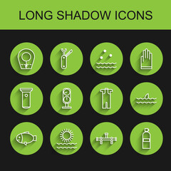 Set line Fish, Sun and waves, Diving hood, Manifold, Aqualung, Gauge scale, Shark fin ocean and Wetsuit for scuba diving icon. Vector