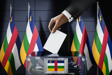 Central African Republic flags, hand dropping ballot card into a box - voting, election concept - 3D illustration