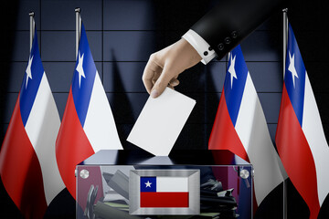 Chile flags, hand dropping ballot card into a box - voting, election concept - 3D illustration