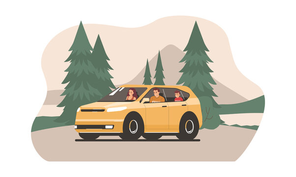 Family rides in a SUV car on a forest road. Vector illustration.