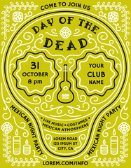 Day of the Dead announcing poster template with mexican style details. Invitation with customized text for fiesta or costume party flyer. - 465036824