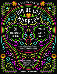 Dia de los Muertos announcing poster template with bright mexican style details. Colorful invitation with customized text for fiesta or costume party flyer. - 465036825