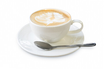 Latte coffee in white coffee cup with plate and spoon on white background with clipping path
