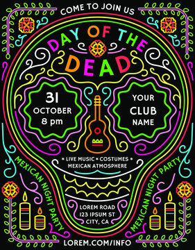 Day of the Dead announcing poster template with mexican style decorative details. Colorful invitation with customized text for fiesta or costume party flyer.