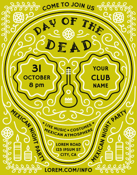 Day of the Dead announcing poster template with mexican style details. Invitation with customized text for fiesta or costume party flyer.