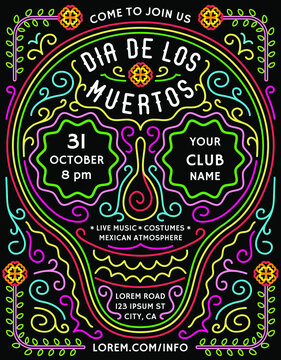 Dia de los Muertos announcing poster template with bright mexican style details. Colorful invitation with customized text for fiesta or costume party flyer.