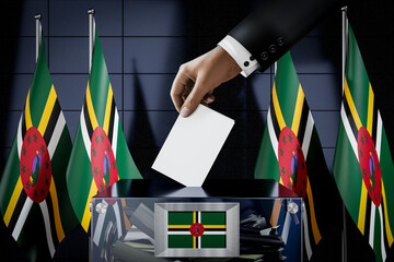 Dominica flags, hand dropping ballot card into a box - voting, election concept - 3D illustration