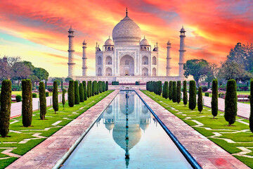 Sunset Over Taj Mahal. Romantic Scene.