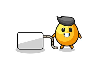 golden egg cartoon is pulling a banner