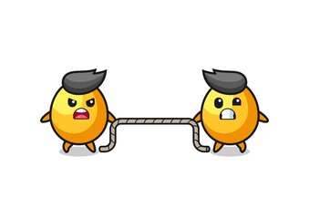 cute golden egg character is playing tug of war game