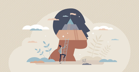 Positive thinking and success attitude or target mindset tiny person concept. Optimistic behavior or determination to reach psychological self acceptance or overcome mental problem vector illustration - obrazy, fototapety, plakaty