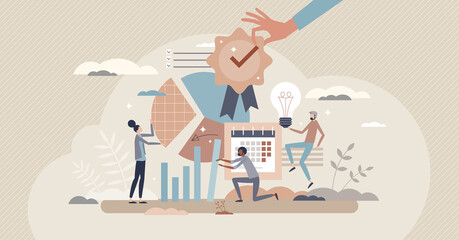Project management certification and performance standard tiny person concept. Quality check for work flow, efficiency and planning vector illustration. Organization system approval and analytic test.