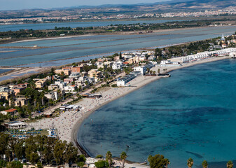 aerial view of the coast of the city of Cagliari, Sardinia Italy with city beach