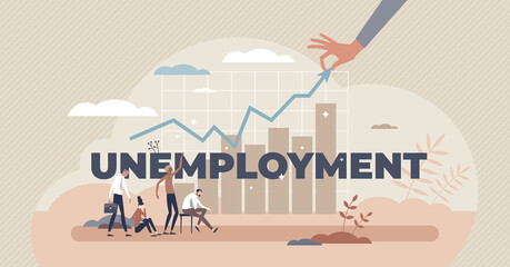 Unemployment and work loss problem with business crisis tiny person concept. Employee fired from job and unemployed percentage growth statistics vector illustration. Labor waiting for recruitment.