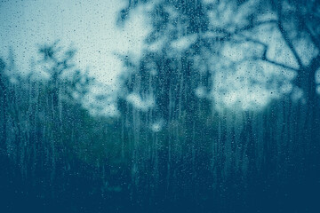 Selective focus of raindrops on glass window in blue tone, Dark cool water pattern texture with blurred trees as backdrop, Nature background.
