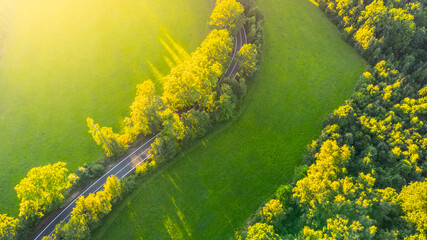 Asphalt road in rural landscape from above