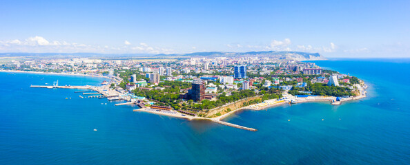 Fototapeta premium Wonderful panorama of the city of the resort of Anapa and the beaches in the city limits, a view from a drone from the sea