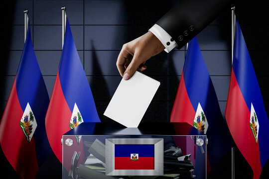 Haiti flags, hand dropping ballot card into a box - voting, election concept - 3D illustration