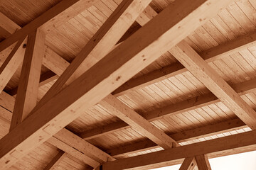 Wooden roof structure for a house, wooden house construction.