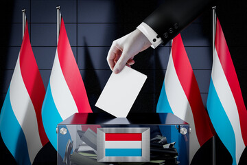 Luxembourg flags, hand dropping ballot card into a box - voting, election concept - 3D illustration