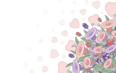 A festive bouquet of stylized flowers with pale hearts in the background.
