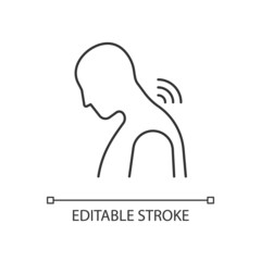 Neck rheumatism linear icon. Joints inflammation. Cervical spondylosis. Prolonged hunching. Thin line customizable illustration. Contour symbol. Vector isolated outline drawing. Editable stroke