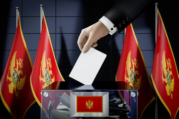 Montenegro flags, hand dropping ballot card into a box - voting, election concept - 3D illustration