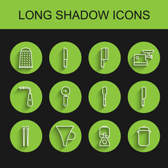 Set line Food chopsticks, Funnel or filter, Grater, Blender, Cooking pot, Pizza knife, Knife and Spoon icon. Vector