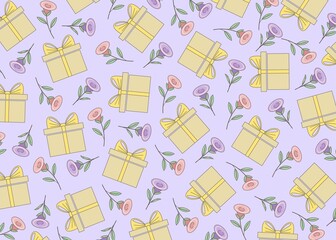 Festive template with flowers and gift boxes