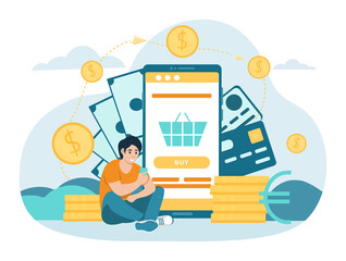 Pay online concept. Man pays for purchases through smartphone, wire transfers. Character buys goods on website of internet store. Modern technology, digital. Cartoon flat vector illustration