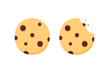 Couple of cute cartoon style chocolate chip cookies, whole and with bite marks. Vector icons, illustration.
