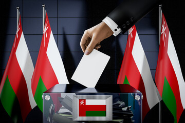Oman flags, hand dropping ballot card into a box - voting, election concept - 3D illustration