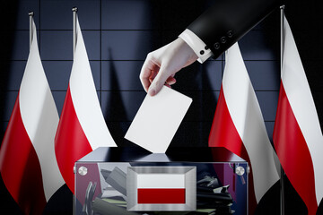 Poland flags, hand dropping ballot card into a box - voting, election concept - 3D illustration