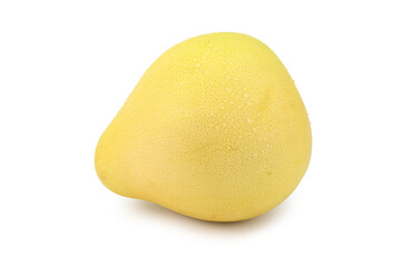 A ripe pomelo fruit with a thick yellow skin, lying on its side