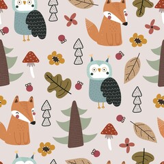 Seamless pattern with cartoon fox, tree, mushroom,  decor elements. Colorful vector flat for kids. hand drawing. baby design for fabric, print, wrapper, textile