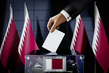 Qatar flags, hand dropping ballot card into a box - voting, election concept - 3D illustration