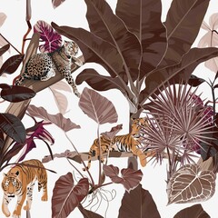 Exotic animal tiger and leopard in the jungle pattern vintage white background illustration seamless pattern. Trendy composition beach wallpaper.