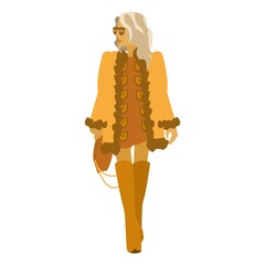 Blonde girl in boho outfit . Modern women in short dress with pattern and yellow faux fur coat . Vector illustration on white background
