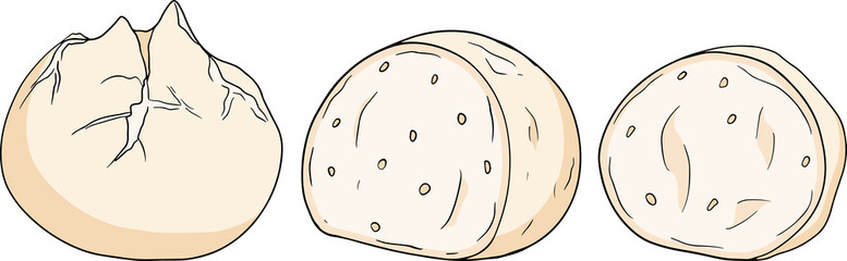 Mozzarella cheese ball, slice and pieces. Hand drawn colored sketch style drawing of traditional Italian cheese. Fresh soft cheese. Vector illustration.