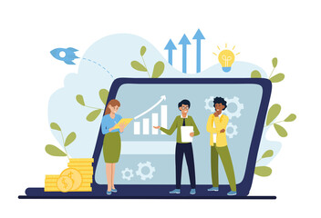 Startup presentating concept. Girl shows investors project of her future business. Graphs, reports, presentation, marketing research. Important meeting, planning. Cartoon flat vector illustration
