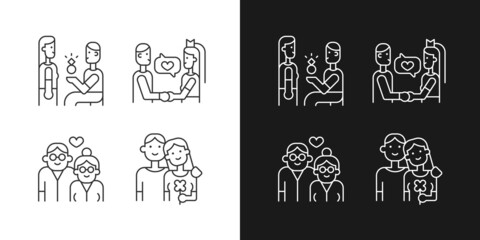 Stages of romantic relationship linear icons set for dark and light mode. Wedding vows. Elderly couple in love. Customizable thin line symbols. Isolated vector outline illustrations. Editable stroke