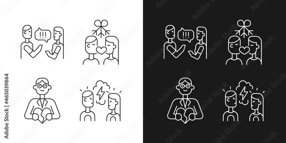 Poster fighting in relationship linear icons set for dark and light mode. healthy romantic relation. family