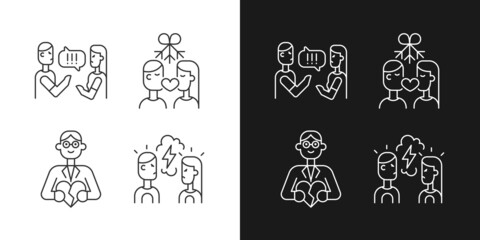 Fighting in relationship linear icons set for dark and light mode. Healthy romantic relation. Family consultant. Customizable thin line symbols. Isolated vector outline illustrations. Editable stroke
