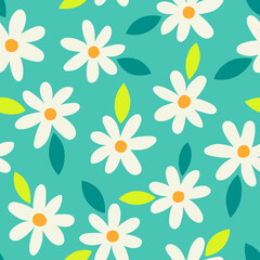 Hand drawn daisy flower and leaf seamless pattern background.