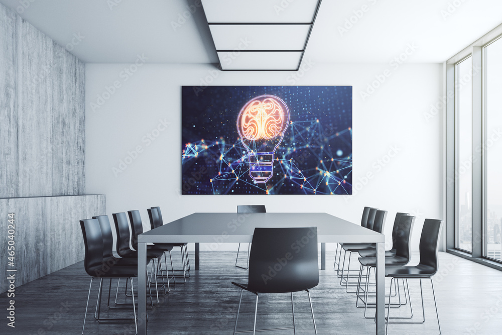 Poster creative idea concept with light bulb and human brain illustration on presentation screen in a moder