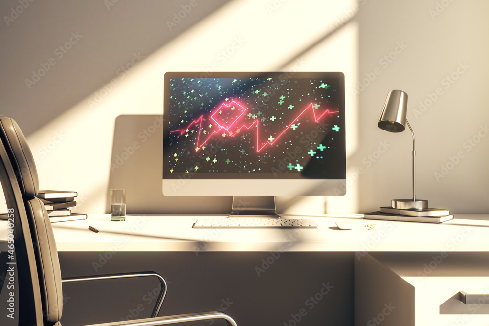 Poster modern computer monitor with creative abstract heart rate hologram. healthcare technolody concept. 3